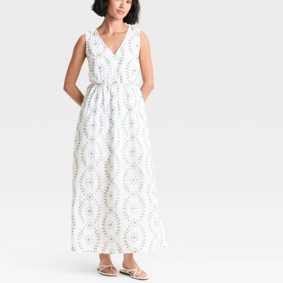 a new day Dresses & Skirts - A New Day Women's White & Green Embroidery Maxi Sleeveless Dress Size XL NWT
